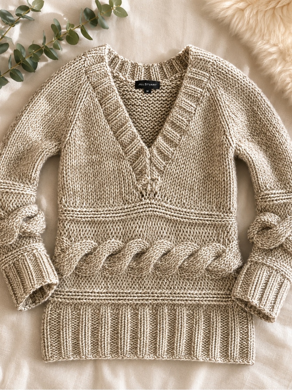 Jill Stuart Beige Cable Knit V-Neck Sweater